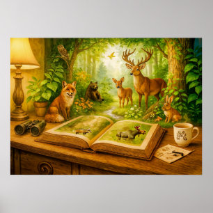 Waldtiere erheben sich aus einem offenen Buch Poster