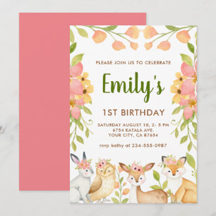 Waldtiere Floral 1. Geburtstag Party Einladung