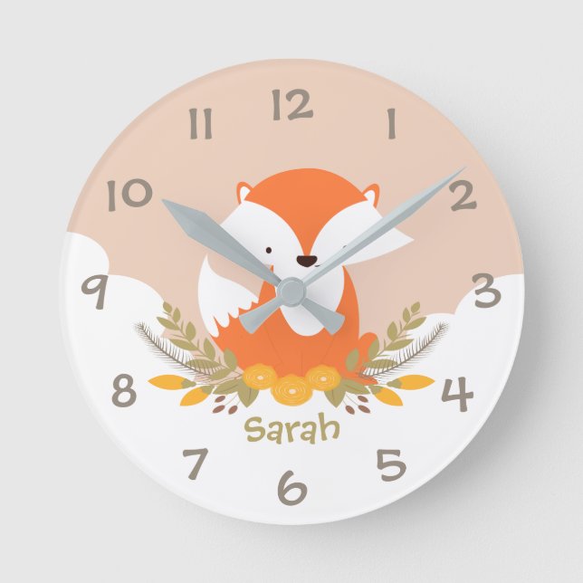 Waldtiere Fox Kids Kinderzimmer Wall Clock Runde Wanduhr (Vorderseite)