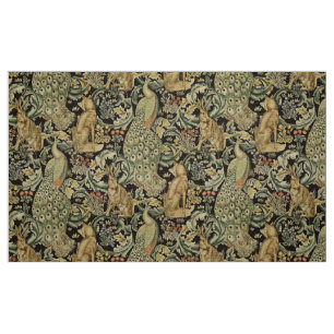 WALDTIERE, FOX, PEACOCK, HARE GREEN FLORAL STOFF