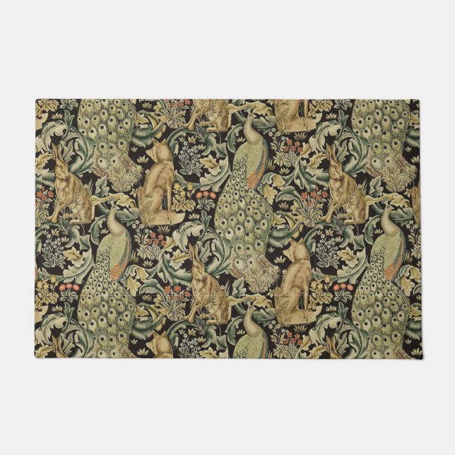 WALDTIERE, FOX, PEACOCK, HARE IN GRÜNEN BLUMEN FUßMATTE (Vorderseite)