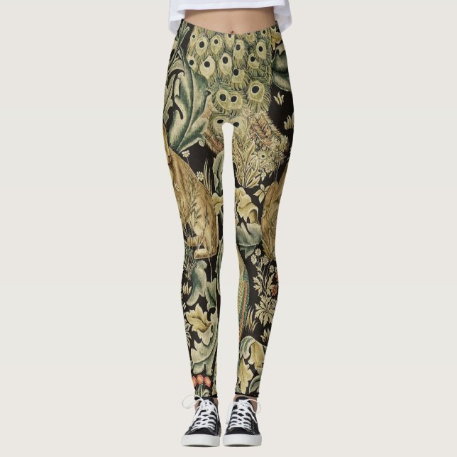 WALDTIERE, FOX, PEACOCK, HARE IN GRÜNEN BLUMEN LEGGINGS (Vorderseite)