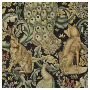 WALDTIERE, FOX, PEACOCK, HARE IN GRÜNEN BLUMEN STOFF