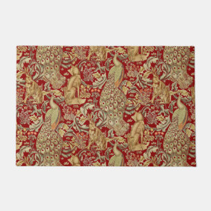 WALDTIERE, FOX, PEACOCK, HARE IN ROTEN BLUMEN FUßMATTE