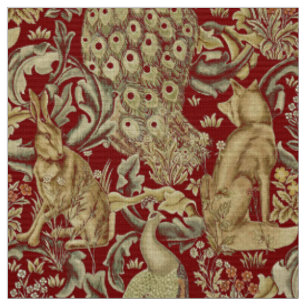 WALDTIERE, FOX, PEACOCK, HARE IN ROTEN BLUMEN STOFF