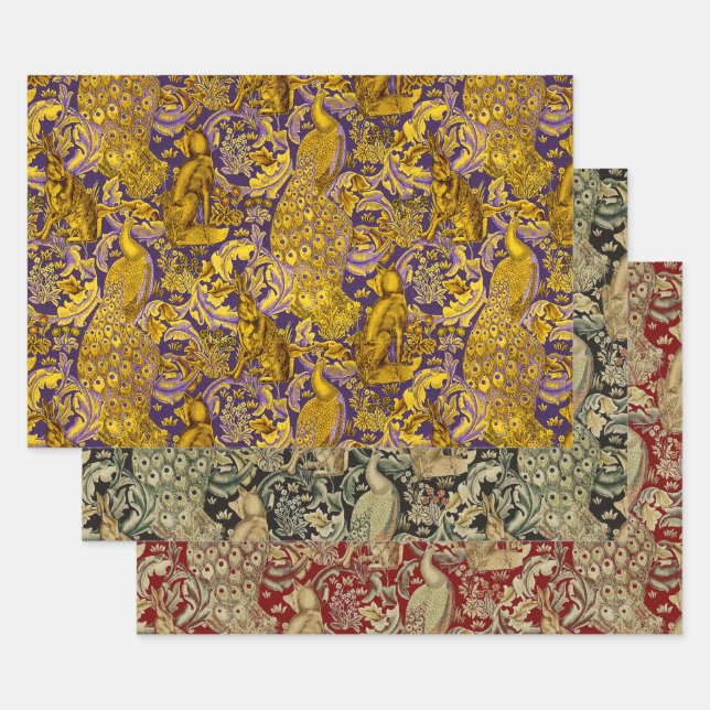 WALDTIERE, FOX, PEACOCK, HARE, ROTE GELBE BLUME GESCHENKPAPIER SET (Set)