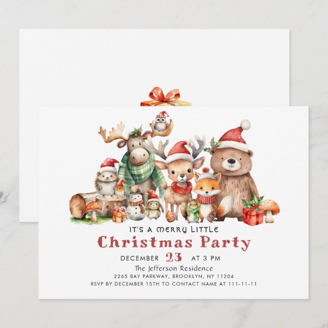 Waldtiere frohe kleine Weihnachtsfeier Party Einladung (Vorne/Hinten)