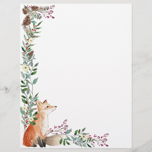 Waldtiere, Fuchs, Blattwerk, Weihnachtsrote Beeren Briefbogen (Vorderseite)