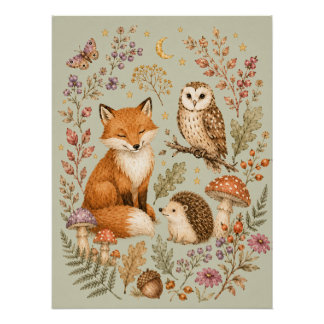 Waldtiere Fuchs, Eule und Igel Poster