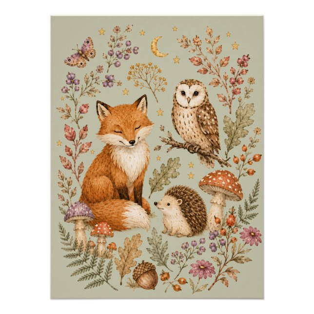 Waldtiere Fuchs, Eule und Igel Poster (Vorderseite)