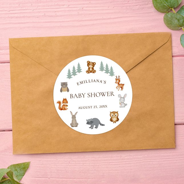 Waldtiere Geschlecht neutrale Babydusche Runder Aufkleber (Woodland Forest Animals Gender Neutral Baby Shower Classic Round Sticker)