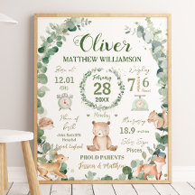 Waldtiere Grünpflanzen Baby Birth Print Stats