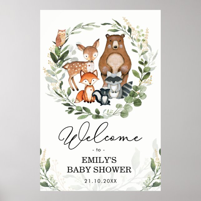 Waldtiere Grünpflanzen Gold Forest Welcome Baby Poster (Vorne)