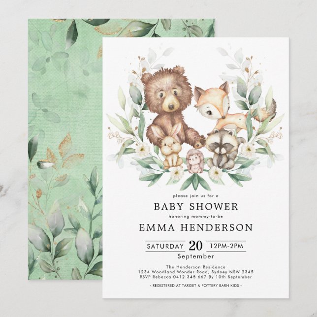 Waldtiere Grünpflanzen Goldneutrale Babydusche Einladung (Vorne/Hinten)