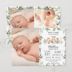 Waldtiere Grünpflanzen New Baby Boy Foto Birth Ankündigung