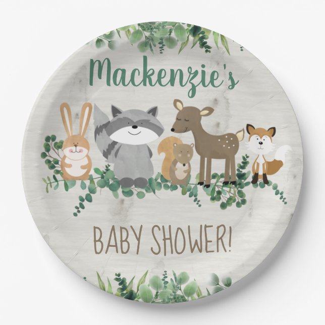 Waldtiere Grünpflanzen Niedliche Babydusche Pappteller (Vorderseite)