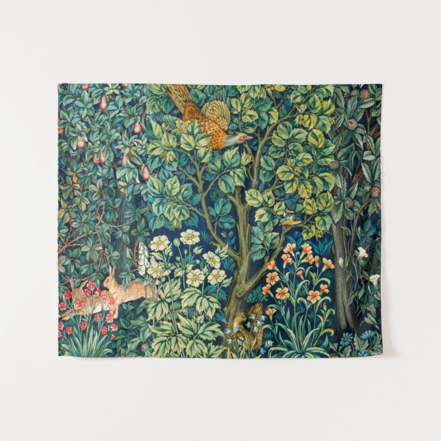 WALDTIERE Hares, Pheasant Bird, grüne Blüte Wandteppich (Vorderseite (Horizontal))