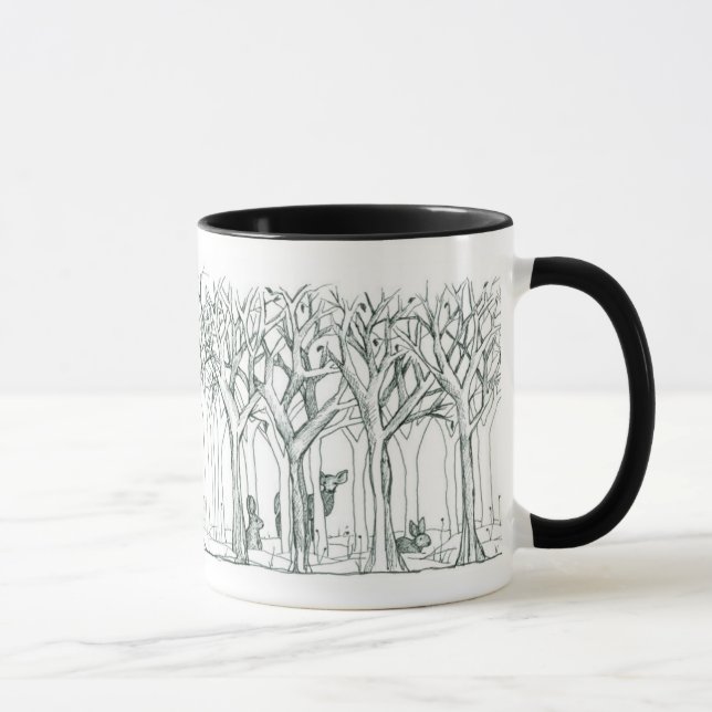 Waldtiere Hirsche Hasen Winterbaume Kunst Tasse (Rechts)