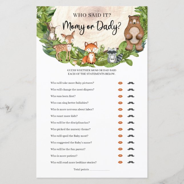 Waldtiere Holzschnitt Mommy oder Daddy (Vorderseite)