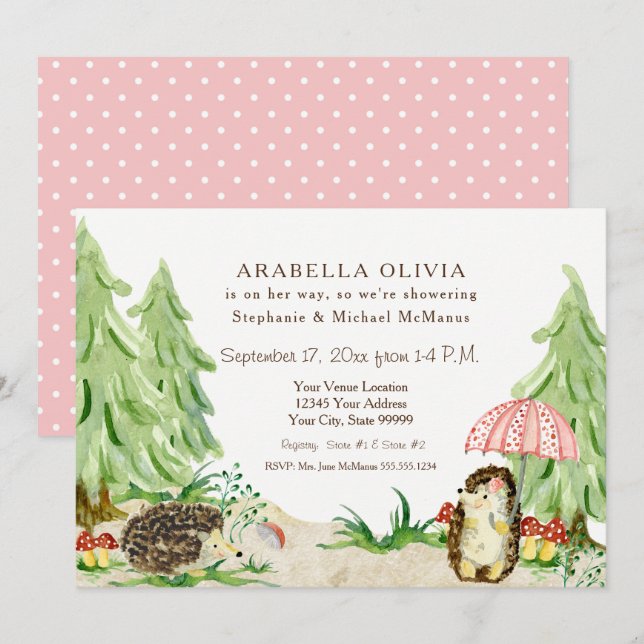 Waldtiere Igel Girl Baby Dusche Einladung (Vorne/Hinten)