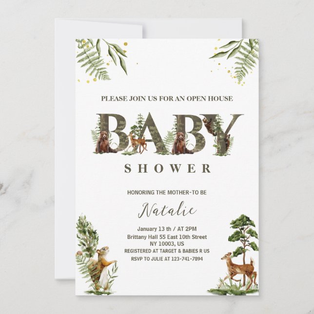 Waldtiere im offenen Haus Babydusche Einladung (Vorderseite)