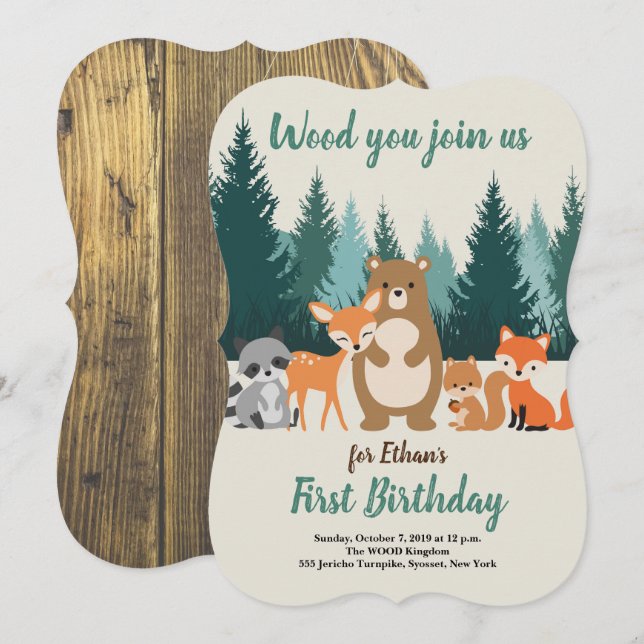 Waldtiere im Wald Erster Geburtstag Einladung (Vorne/Hinten)
