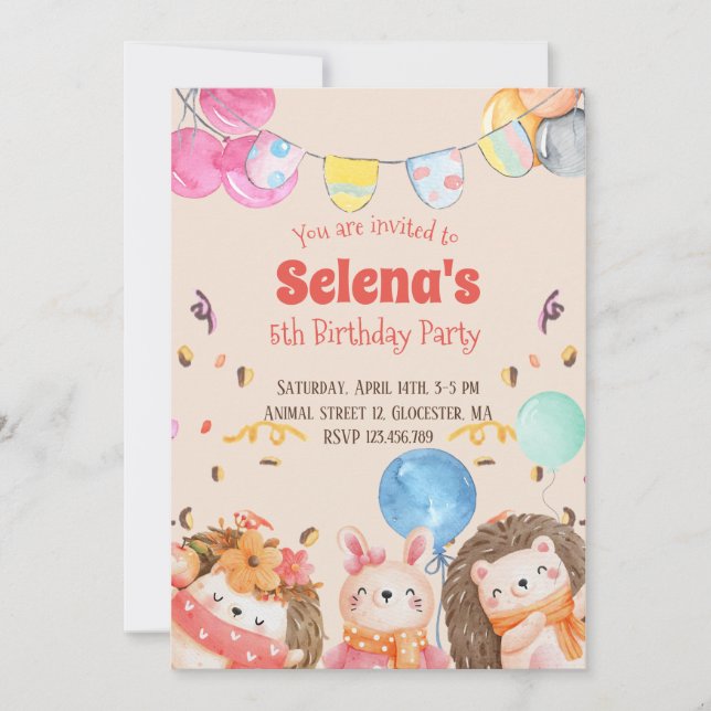 Waldtiere in Aquarellen Kindergeburtstag Party Einladung (Vorderseite)