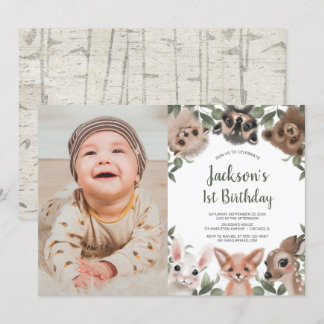 Waldtiere Jungen 1. Geburtstag Foto Einladung