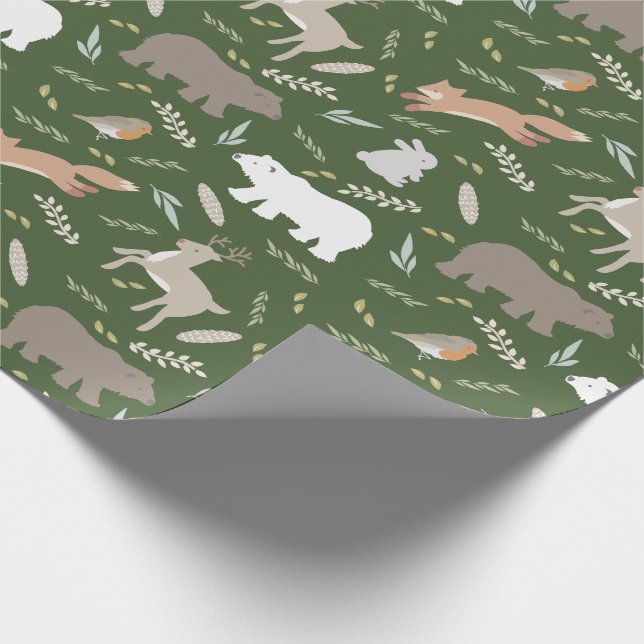 Waldtiere & Leaf Muster grün Geschenkpapier (Ecke)
