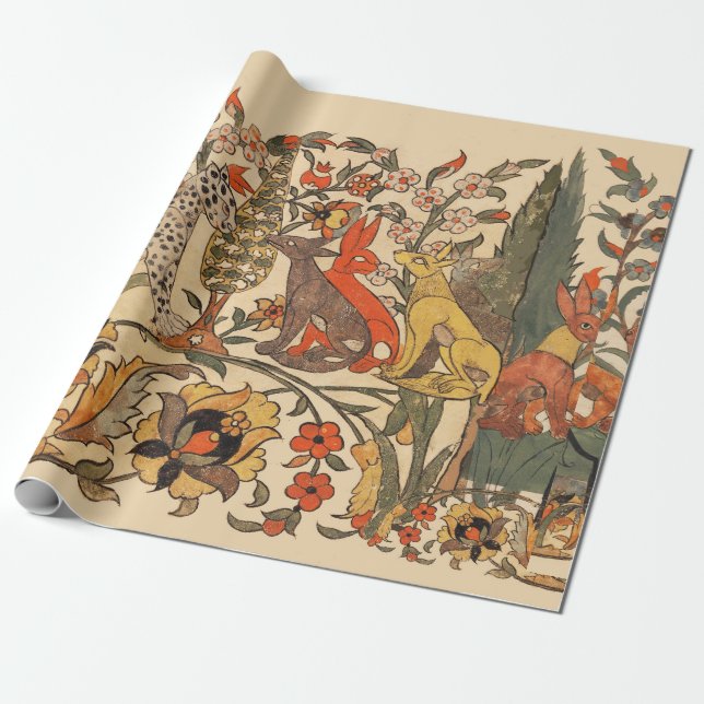 WALDTIERE, LEOPARD, JACKALS, RABBITS, BLUME GESCHENKPAPIER (Ungerollt)