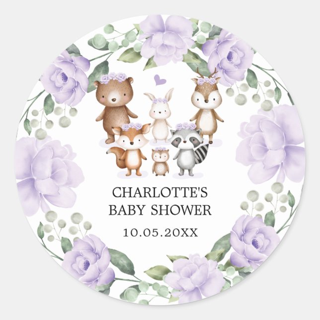 Waldtiere Lila Blume Wreath Baby Girl Runder Aufkleber (Vorderseite)