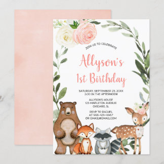 Waldtiere Mädchen 1. Geburtstag Party Einladung