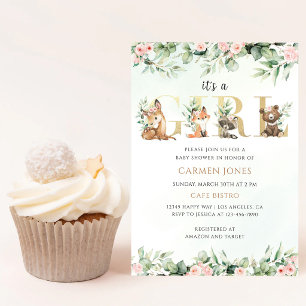 Waldtiere Mädchen Baby Shower Grün Einladung