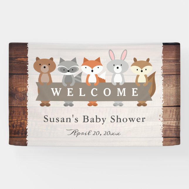 Waldtiere mit Banner, Babydusche Willkommen Banner (Horizontal)