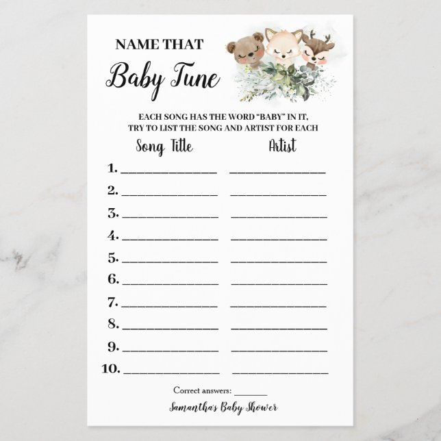 Waldtiere Name Baby Tune Showkarte Flyer (Vorne)