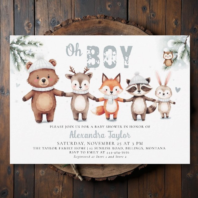 Waldtiere Niedlich Winter Oh Junge Babydusche Einladung (winter baby shower invitation oh boy cute woodland animals watercolor snow cold pine watercolor)