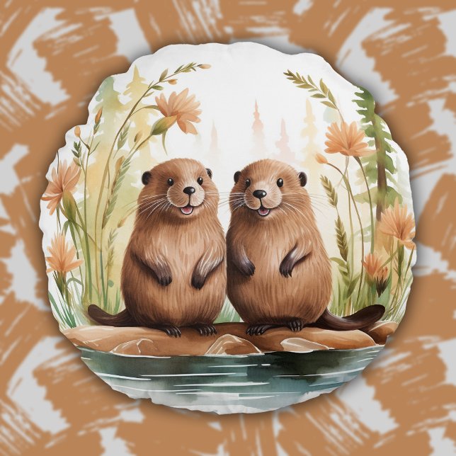 Waldtiere Niedliche Beavers Kinderzimmer Rundes Kissen (Woodland Animals Cute Beavers Baby Kids Room Round Pillow)