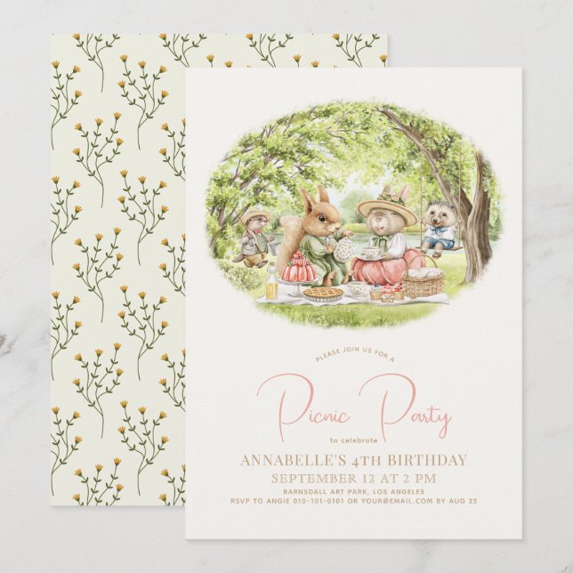 Waldtiere Picnic Girl Birthday Einladung (Vorne/Hinten)