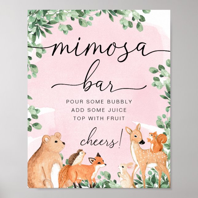 Waldtiere Pink Babydusche Mimosa Bar Zeichen Poster (Vorne)