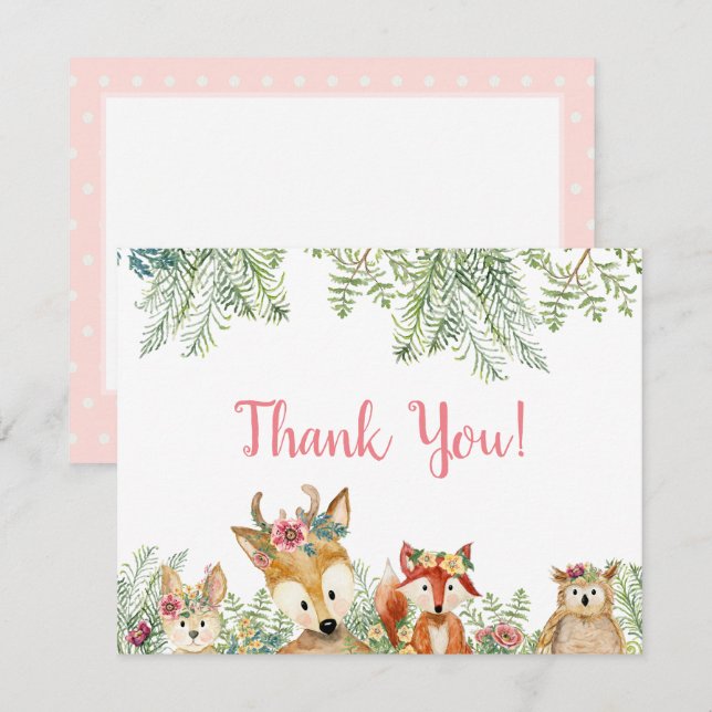 Waldtiere Pink Boho Deer n Fox Vielen Dank Einladung (Vorne/Hinten)