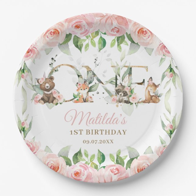 Waldtiere Pink Floral Girl 1. Geburtstag  Pappteller (Vorderseite)