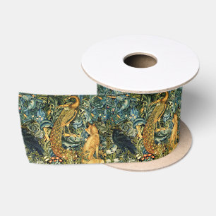 WALDTIERE, RABE, FUCHS, PFau Blau Grüne Floral Satinband