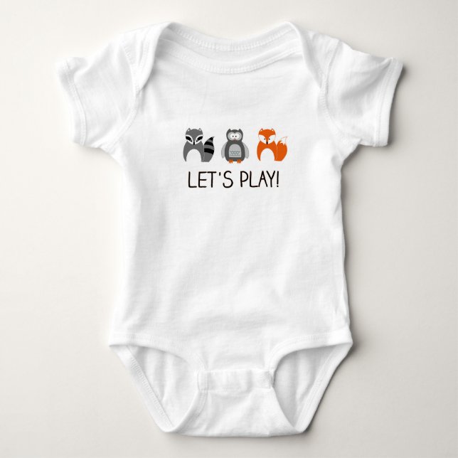 Waldtiere Raccoon Fox Owl "Lass uns spielen!" Baby Strampler (Vorderseite)