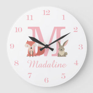 Waldtiere Rosa Baby Mädchen Anfangsmonogramm Große Wanduhr