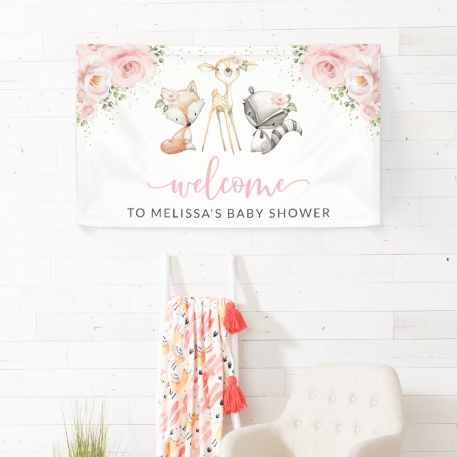 Waldtiere, rosa Blume, Babydusche Banner (Insitu)