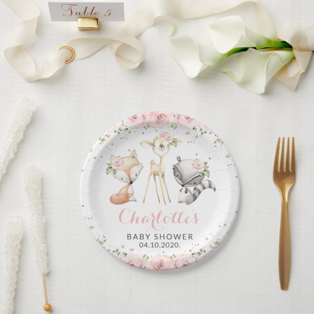 Waldtiere, rosa Blume, Babydusche Pappteller (Hochzeit)