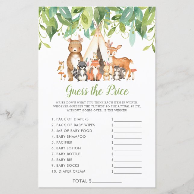 Waldtiere schätzen das Price Baby Shower Game (Vorderseite)