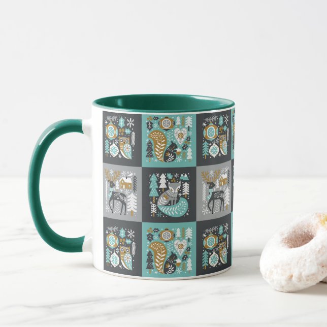 Waldtiere Schneeflocken Skandinavische Weihnachten Tasse (Mit Donut)