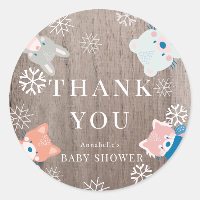 Waldtiere Schneeflocken Wood Baby Dusche Runder Aufkleber (Vorderseite)