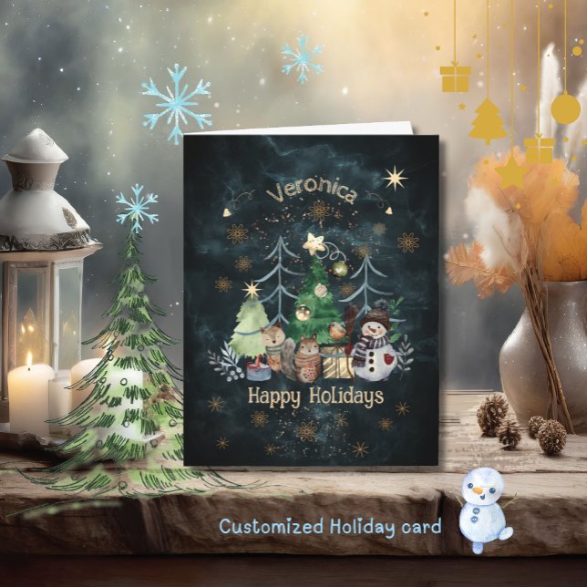 Waldtiere Schneemann Weihnachten Aquamarine blaue  Karte (Woodland Animals Snowman Christmas Teal blue Card)
